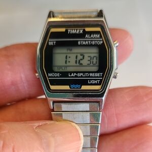 Timex Silver Digital Watch with Black and Gold Accents